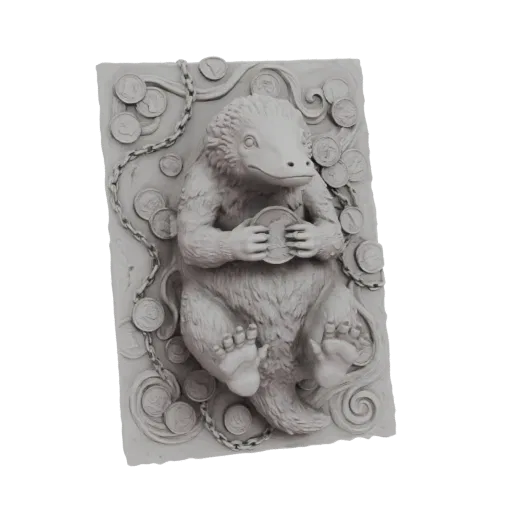Modelo 3D de una criatura Niffler gris sentado y sosteniendo una moneda, rodeado de monedas y una cadena sobre una base recta