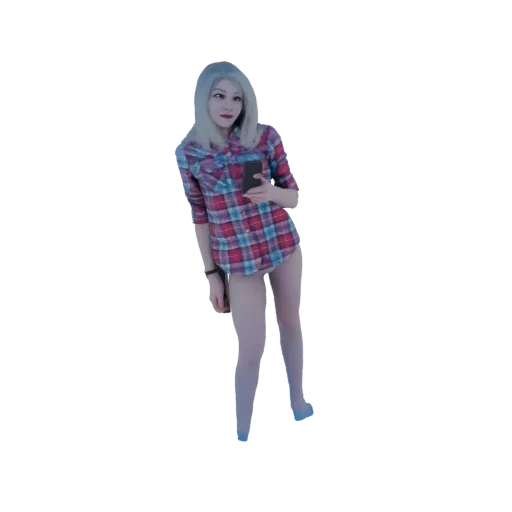 3D model of a woman with light hair wearing a plaid shirt and holding a smartphone, posed against a black background.