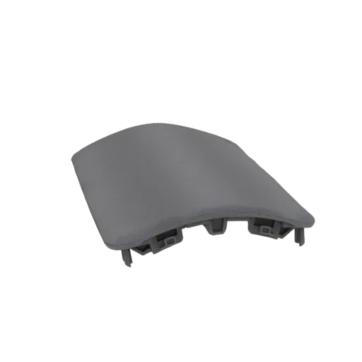 3D model of a curved gray plastic trim piece with visible attachment clips on the underside, set against a black background.