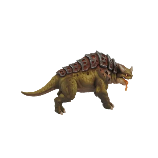3D-Modell eines grünen, gepanzerten Ankylosaurus mit brauner Panzerung, der mit herausgestreckter Zunge vorwärts geht.