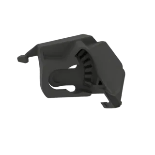 3D render of a dark gray mechanical clip with a visible ratchet mechanism, isolated on a white background.