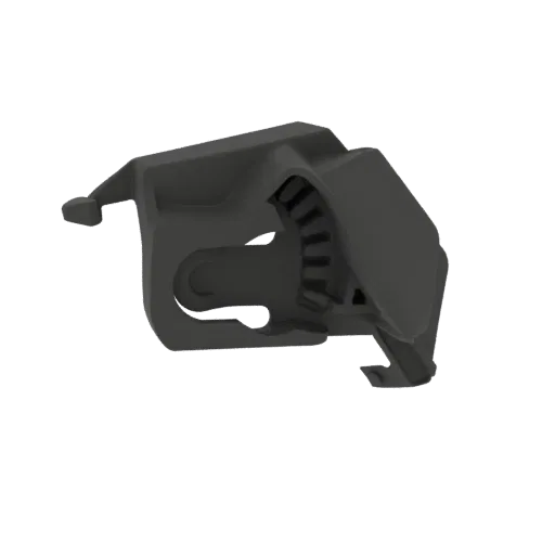 Rendu 3D d'un clip mécanique gris foncé avec un mécanisme à cliquet visible, isolé sur fond blanc.