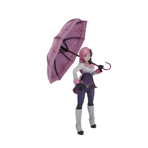 3D model of Neo Politan, a female anime character with pink hair, holding a pink parasol.