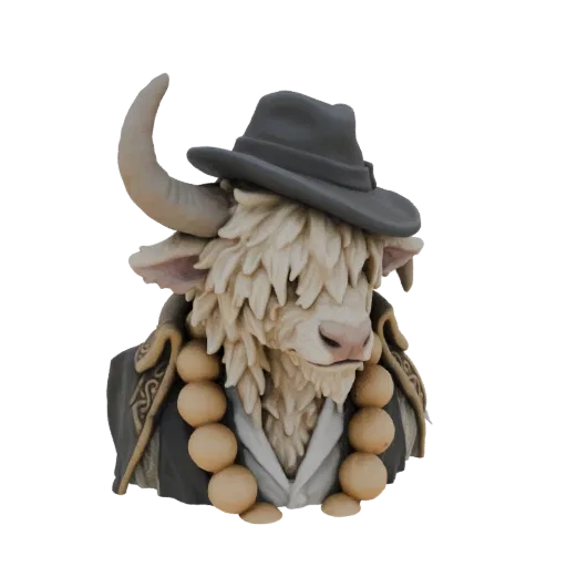 3D model of an anthropomorphic yak character wearing a grey fedora hat and a large beaded necklace, depicted from the chest u