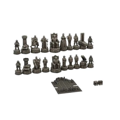 3D model of a complete Medieval King's Court Chess Set, featuring stone-like figures of kings, queens, knights, rooks, and pa