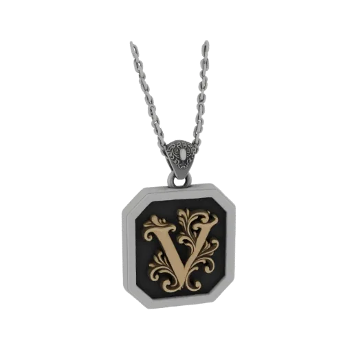 3D model of a silver pendant necklace with an ornate gold letter 'V' and scrollwork on a dark background, hanging from a silv