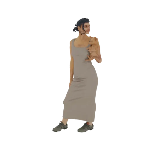 3D model of a woman with dark hair in a taupe dress, holding a small light-brown animal, looking to the side.