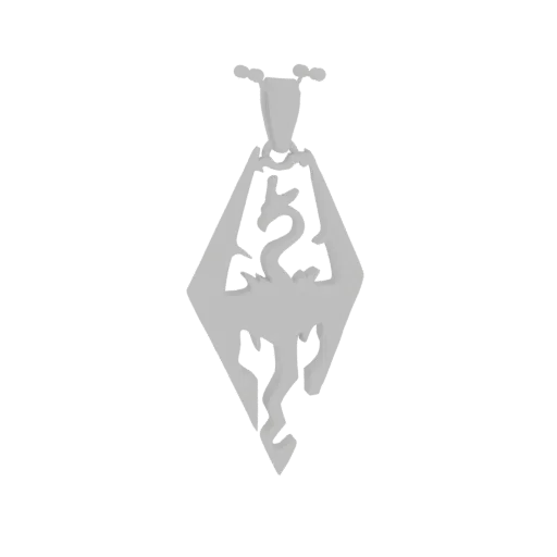 Renderização 3D de um pingente prateado em forma do símbolo Dragonborn de Skyrim, com silhueta de dragão.