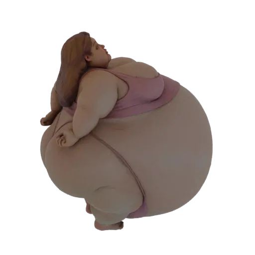 Modello 3D di una donna sovrappeso con costume da bagno rosa, vista di profilo con la testa inclinata all'indietro.