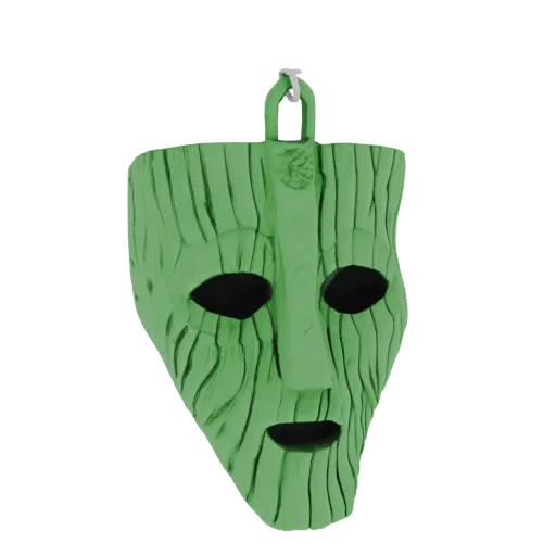 Ein leuchtend grünes 3D-Modell der Maske des Loki mit geschnitzten holzartigen Texturen und dunklen Augenhöhlen, an einem Hak