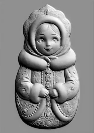 3D model of Russian doll bas-relief in patterned fur coat, front view
