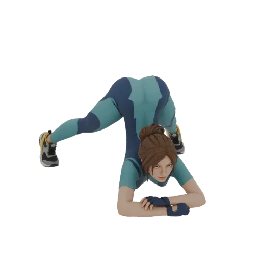 3D model of a woman in a flexible yoga pose, wearing a blue and teal athletic suit, with her head bent back and one leg exten