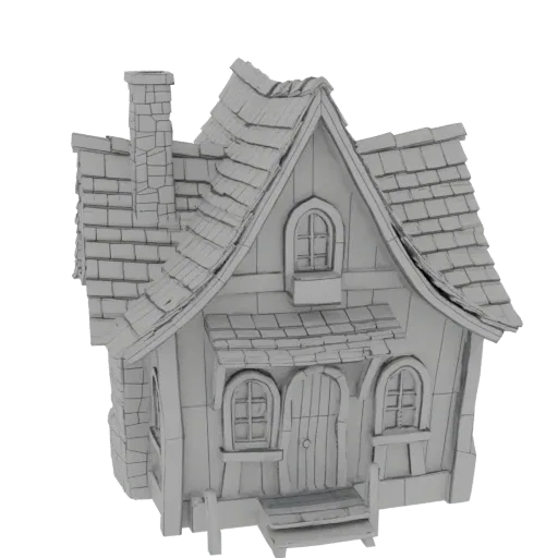 3D model of a whimsical, storybook-style tavern with a pitched roof, stone chimney, and arched windows, rendered in gray.