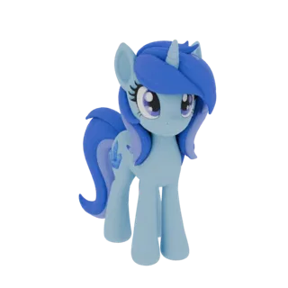 3D model of a light blue unicorn with a bright blue mane and tail, featuring a crystal cutie mark on its flank.