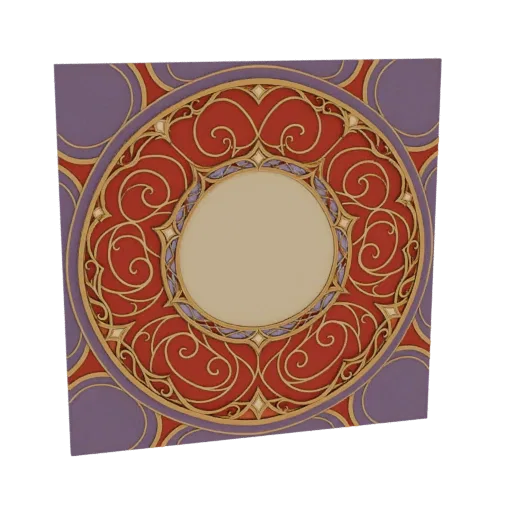 3D render of an ornate circular mandala tile with intricate red, gold, and purple patterns and a central beige circle.