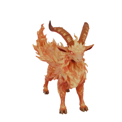 3D model of a fiery ram with a blazing aura and glowing runes on its horns, standing on a black background.