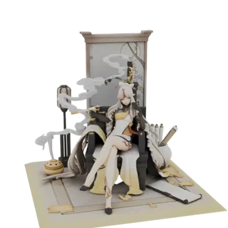 3D model of an elegant woman seated on a throne, holding a scroll, with an incense burner and scrolls on the base.