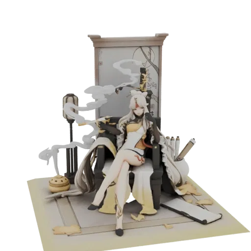 3D model of an elegant woman seated on a throne, holding a scroll, with an incense burner and scrolls on the base.