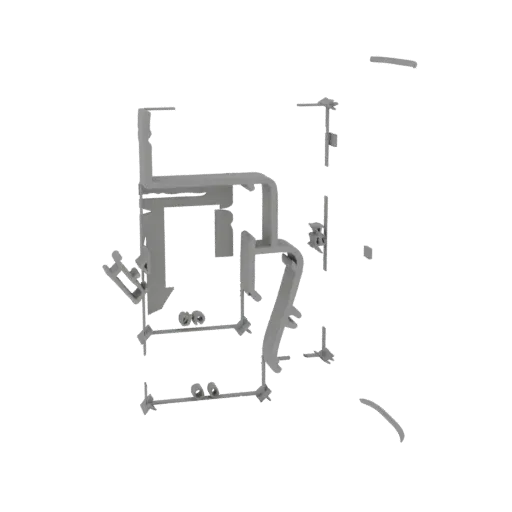 3D render of an abstract geometric structure with interlocking gray planes and sharp angles.