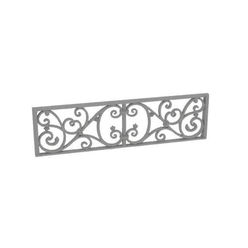 3D model of a grey, ornate balustrade with intricate scrollwork patterns, presented on a white background.