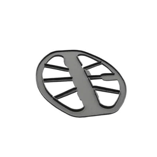 A 3D render of a dark, elliptical metal detector coil with internal spokes, presented on a white background.