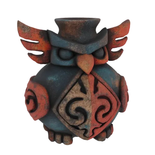 3D-Modell einer stilisierten Eulen-Vase mit verwitterter Türkis-Orange-Oberfläche und Tribal-Mustern.