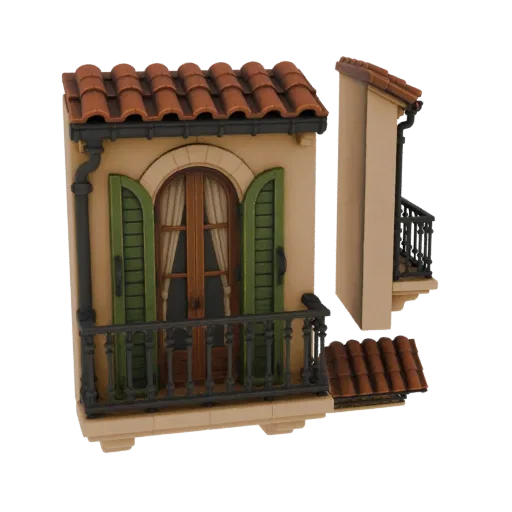 3D model of a Mediterranean balcony with green shutters, arched window, wrought-iron railing, and terracotta tiled roof.