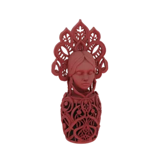 3D-Modell einer slawischen Frauenbüste mit geschlossenen Augen, die einen verzierten Kopfschmuck und Kleidung mit komplexen M