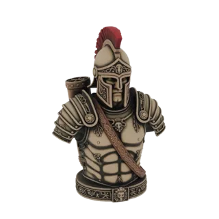 Modello 3D di un busto di Centurione Romano con elmo piumato rosso e armatura dettagliata, su sfondo bianco.