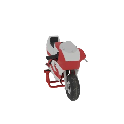 A 3D render of a red and white sportbike motorcycle with a black tire and white windshield, presented on a black background.