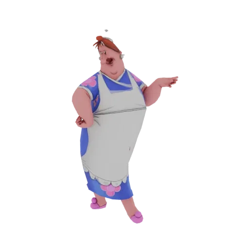 Un rendu 3D d'une ménagère cartoon portant une robe bleue et un tablier blanc, avec des détails floraux roses, adoptant une p
