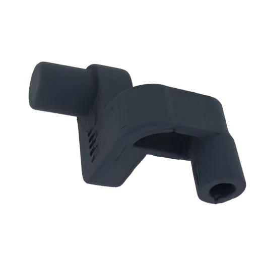 3D model of a dark gray industrial pipe connector with a cylindrical input, a detailed venting grille on its side, and a cyli
