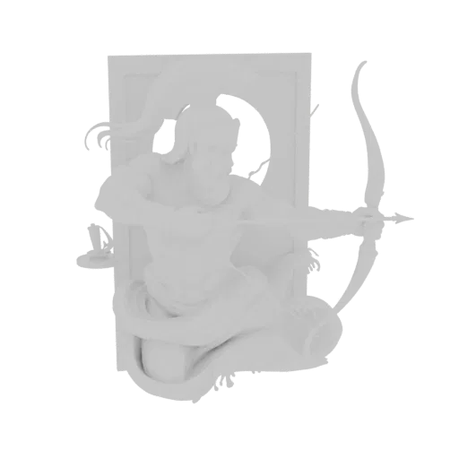 3D model render of Odysseus, the Greek hero, drawing his bow with intense focus, depicted in a white, sculpture-like finish.