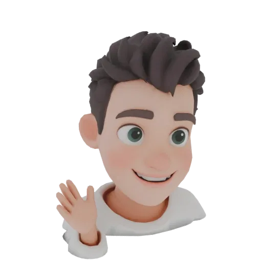 3D model of a boy in Pixart style, smiling and waving, with dark green eyes