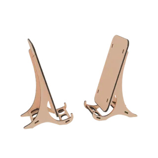 Deux supports de téléphone minimalistes en bois, l'un légèrement incliné, sur fond blanc.