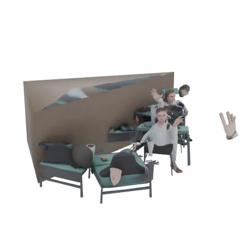 3D render of a cozy living room scene with two figures relaxing on sofas, rendered in a clean, modern style.