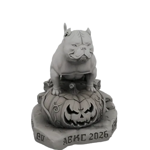 3D model of a bulldog sitting on a carved jack-o'-lantern with 'ABKC 2026' inscribed on the base, against a black background.