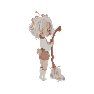 Render 3D di una ragazza magica chibi con orecchie d'orso, che indossa una camicetta bianca e pantaloncini marroni, tenendo u