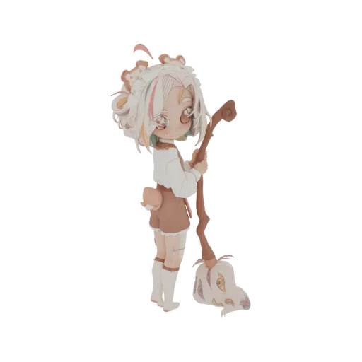 3D model render of a chibi magical girl with bear ears, wearing a white blouse and brown shorts, holding a unique broom with