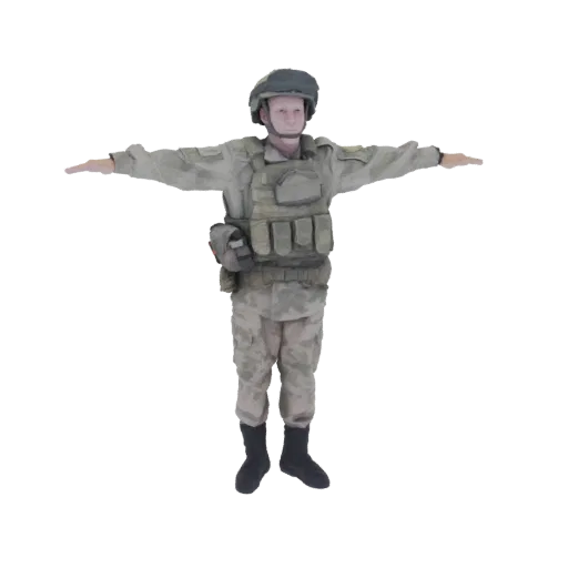 3D model of a soldier in a T-pose, wearing camouflage uniform and tactical gear, with arms outstretched.
