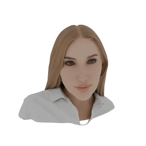 A 3D render of a realistic woman with blonde hair wearing a white button-down shirt.