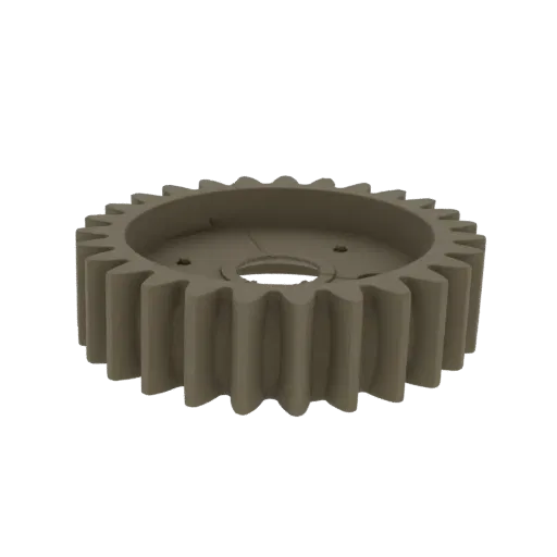 A 3D render of a single, light brown industrial gear cog with visible teeth and a central hole, isolated on a white backgroun