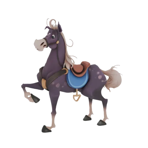 A 3D render of a stylized purple horse with a light mane and tail, wearing a brown and blue saddle, with one front leg raised
