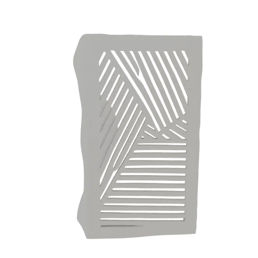 3D model render of a modern abstract lamp with a geometric stencil pattern of intersecting lines and horizontal slats.