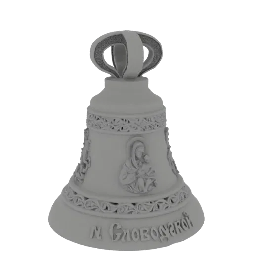 3D model of a grey, ornate religious bell with detailed iconography and a crown-like handle, set against a black background.