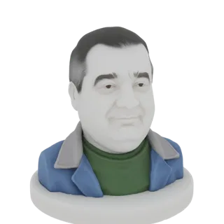3D model render of a man's bust wearing a blue jacket and green shirt, displayed on a white circular base against a white bac