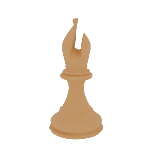 A 3D model of a classic wooden bishop chess piece, rendered with a warm wood texture and a distinctive miter cut at the top.