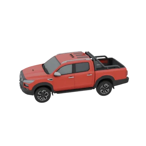 A 3D render of a red off-road pickup truck with black off-road tires and a black roll bar.