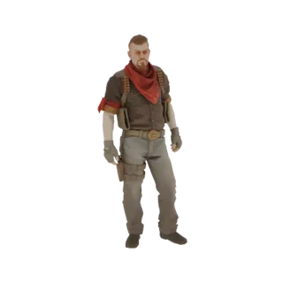 Modelo 3D de un mercenario del desierto masculino con pañuelo rojo, bandolera, chaleco táctico y pantalones grises, en posici