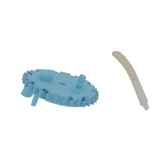 3D render of a blue gear with sharp spikes and a curved white rod, isolated on a white background.